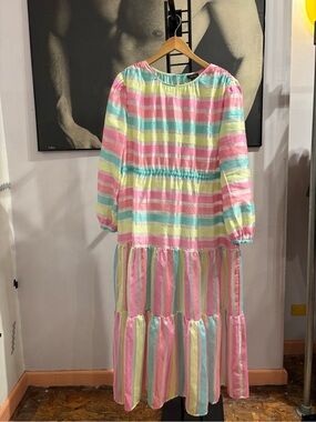 Halogen Pastel Pink Sheer Prairie Maxi Long Sleeve Dress Candy Colored Stripes